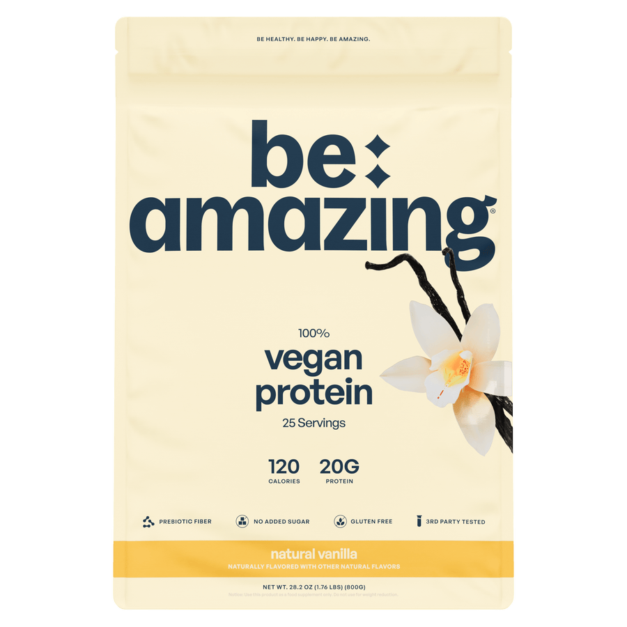 Be Amazing vegan protein powder with Dole Whip Pineapple flavor, showing a jar of vegan protein powder with pineapple imagery.