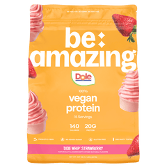 Be Amazing vegan protein powder in Dole Whip Pineapple flavor, 25 servings, showing the protein container with label detail.