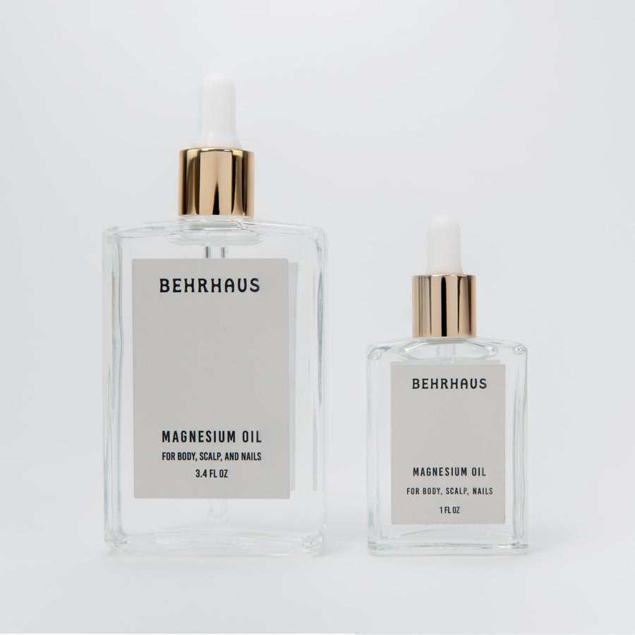Behrhaus magnesium body oil in a 3.4 oz bottle, soothing and moisturizing magnesium-infused oil for skin care.