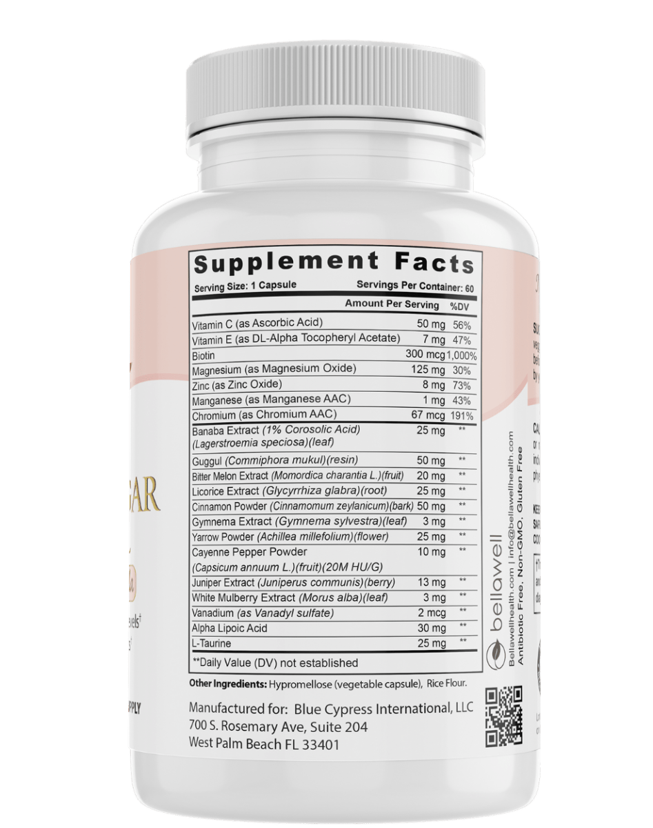 Bellawell Health Blood Sugar Balance capsules showing the supplement bottle with label and capsules inside.