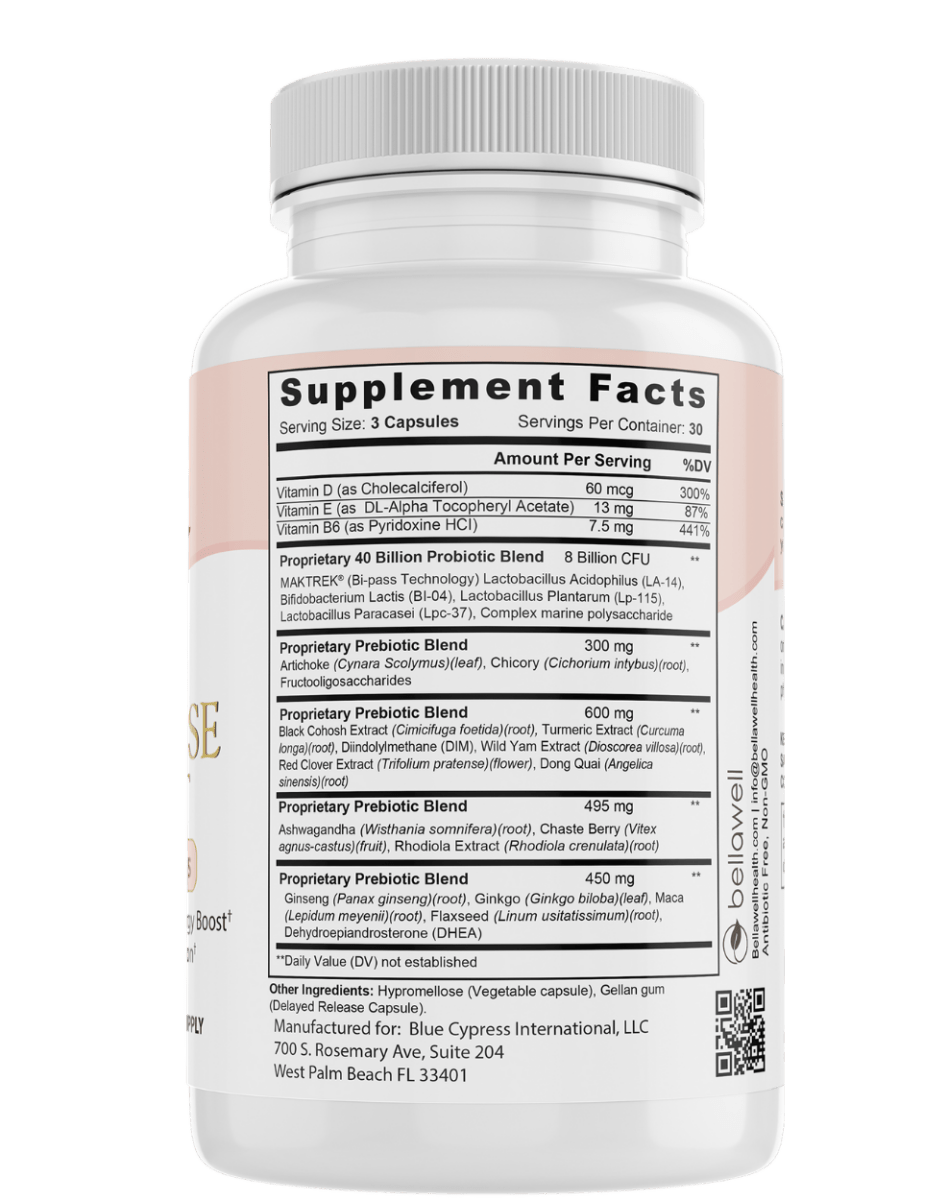 Bellawell Health menopause support capsules featuring a thoughtful blend of ingredients for hormonal balance and relief.