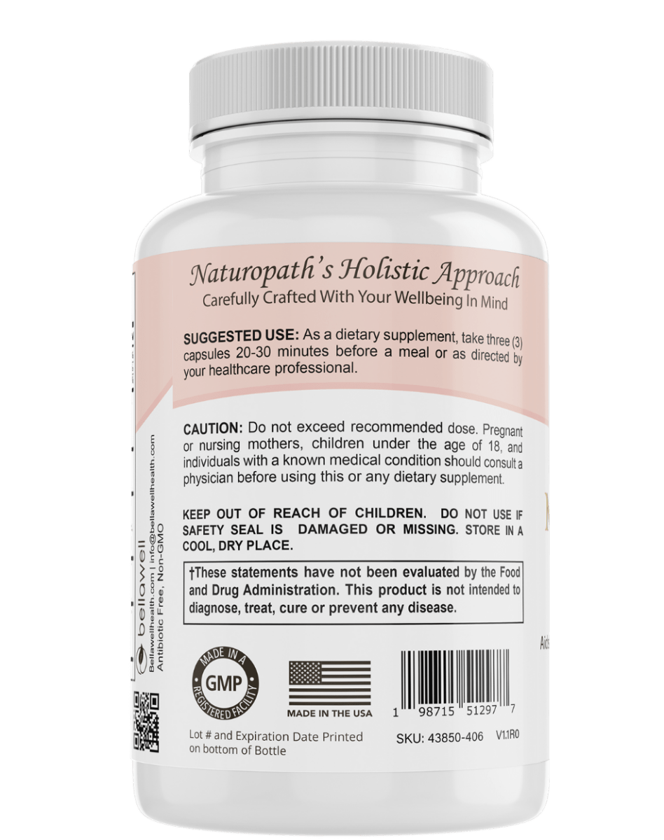 Bellawell Health menopause support capsules showing a bottle of dietary supplement capsules for menopause relief.