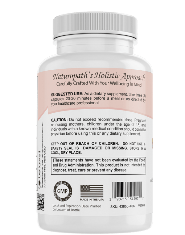 Bellawell Health menopause support capsules showing a bottle of dietary supplement capsules for menopause relief.