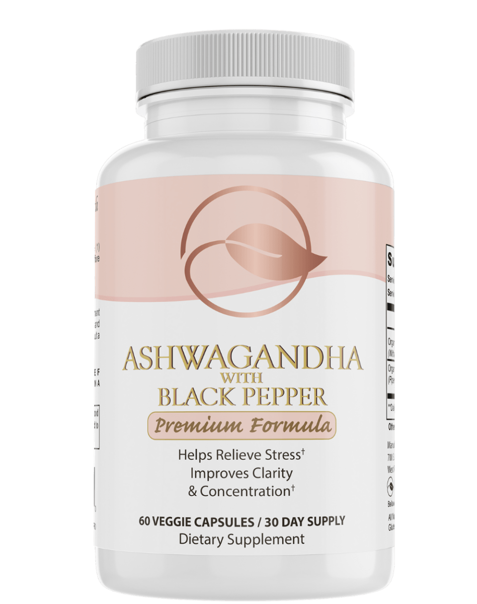 Organic Ashwagandha capsules by Bellawell Health, dietary supplement in dark brown softgel capsules, natural herbal remedy.