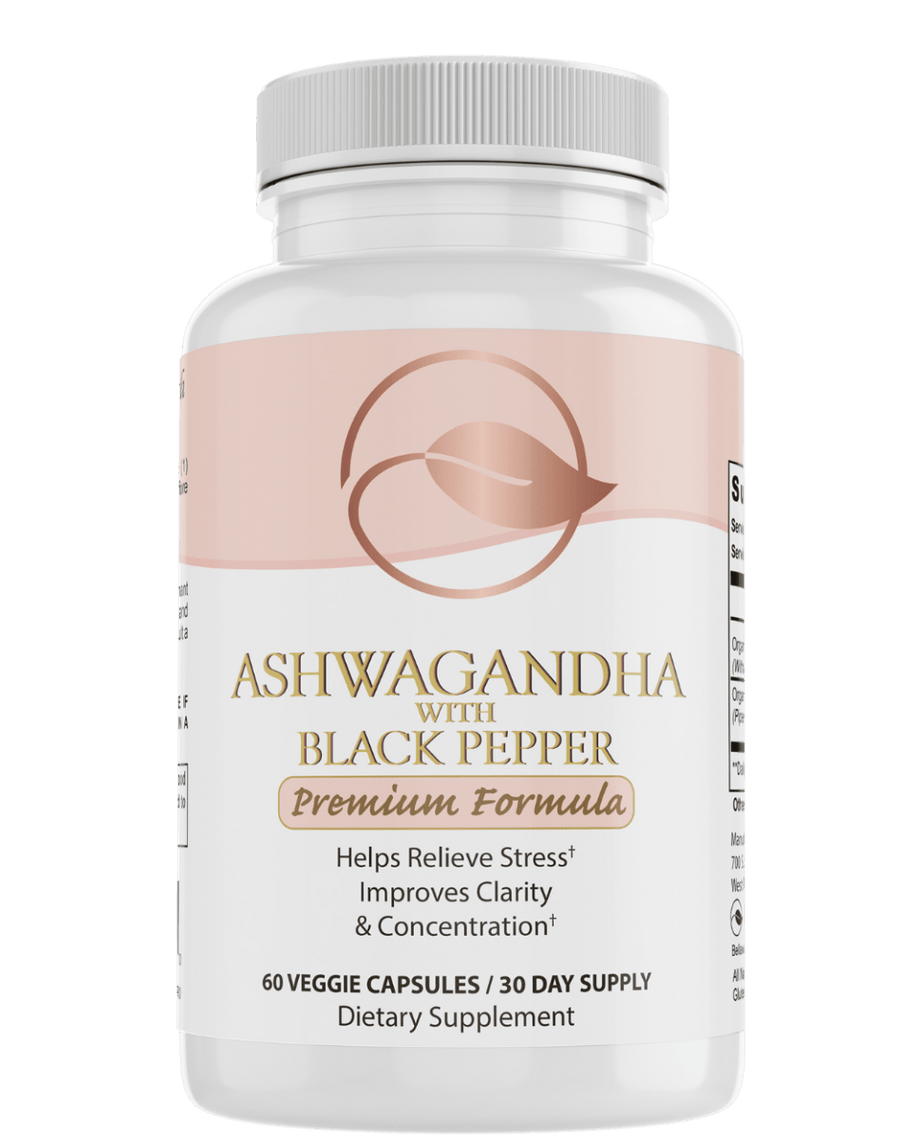 Organic Ashwagandha capsules by Bellawell Health, dietary supplement in dark brown softgel capsules, natural herbal remedy.