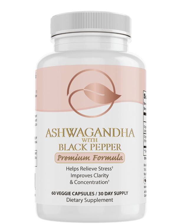 Organic Ashwagandha capsules by Bellawell Health, dietary supplement in dark brown softgel capsules, natural herbal remedy.