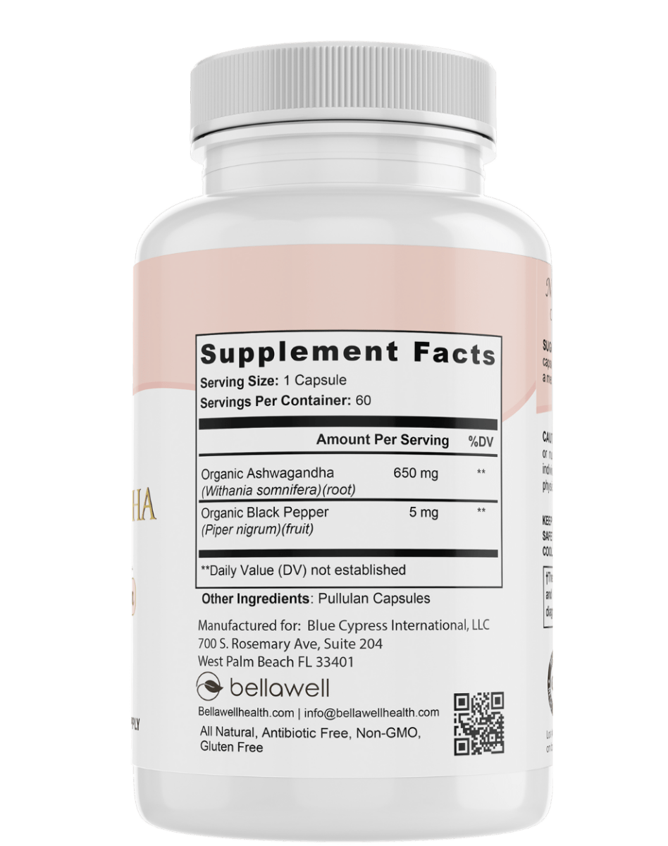 Bellawell Health Organic Ashwagandha capsules, herbal supplement in a white bottle with green label, natural roots in the background.