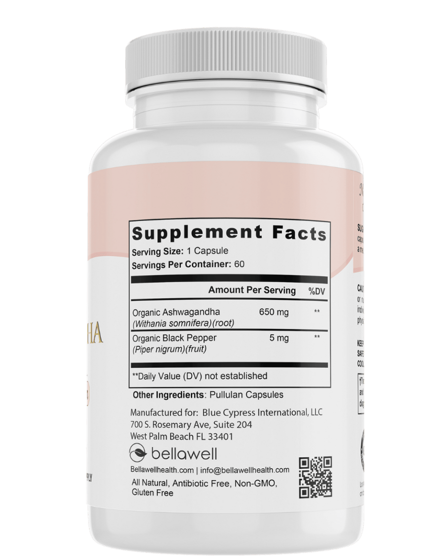 Bellawell Health Organic Ashwagandha capsules, herbal supplement in a white bottle with green label, natural roots in the background.