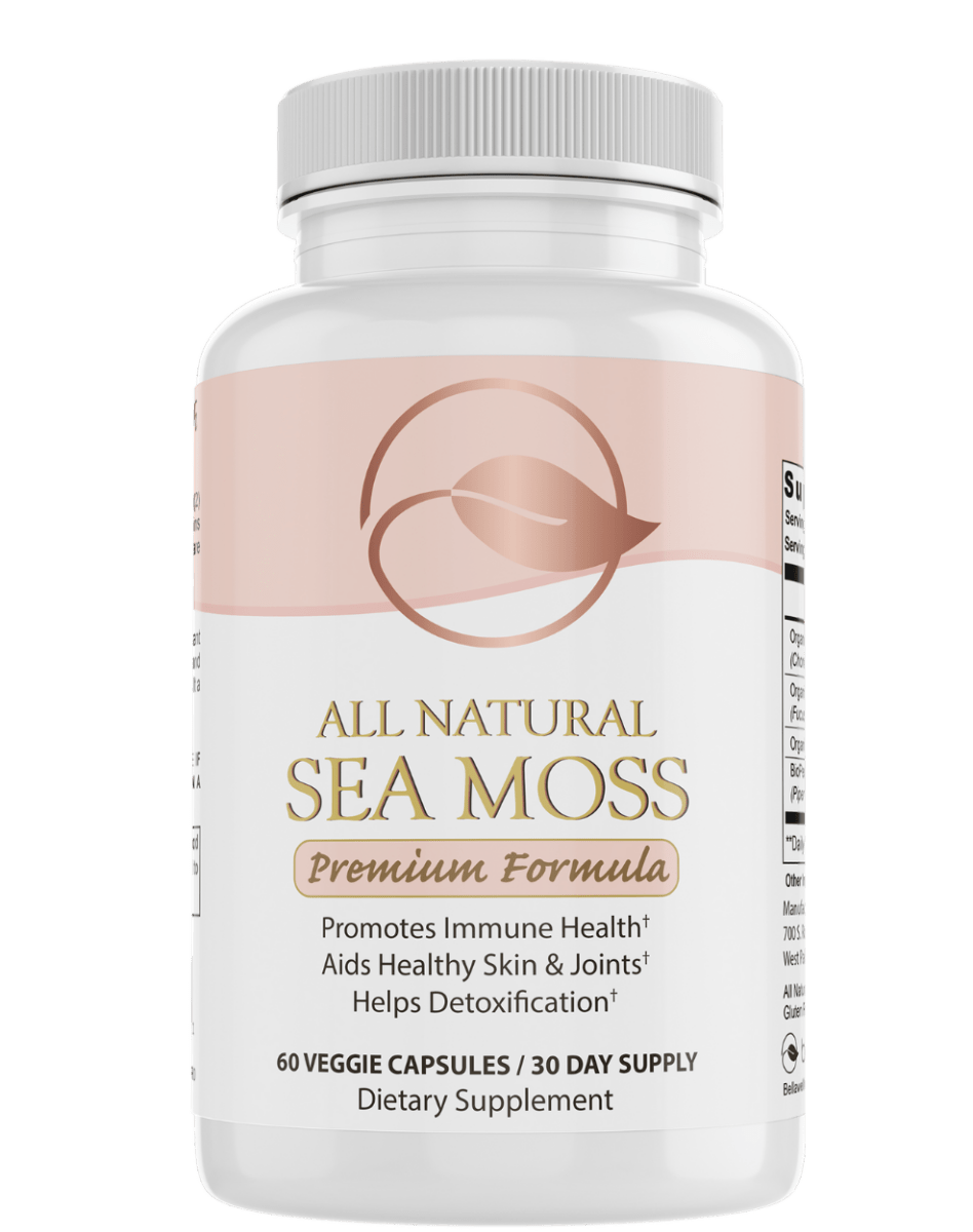 Bellawell Health organic sea moss capsules for women's wellness, showing the supplement bottle and capsules inside.