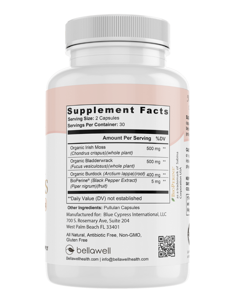 Bellawell Health organic sea moss capsules for women's wellness, showing the supplement bottle with label and capsules inside.