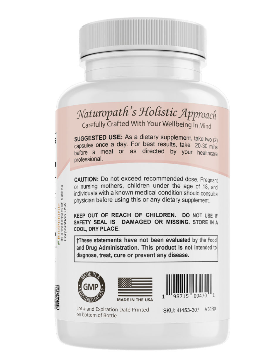 Organic Sea Moss capsules by Bellawell Health, a superfood supplement for women's wellness, shown in a clear bottle.