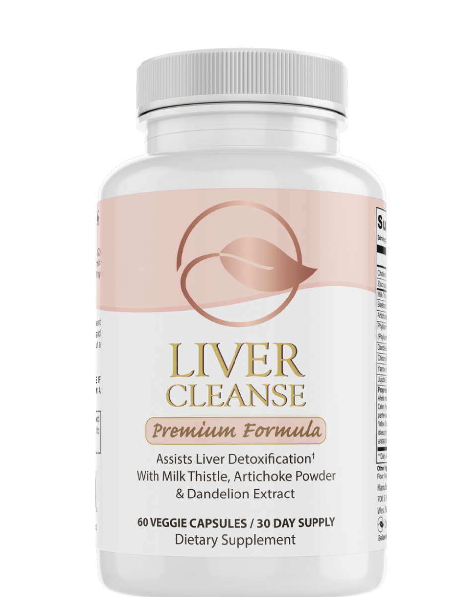 Bellawell Health Pure Liver Cleanse capsules for detoxification, shown in a clear bottle with multiple capsules inside.