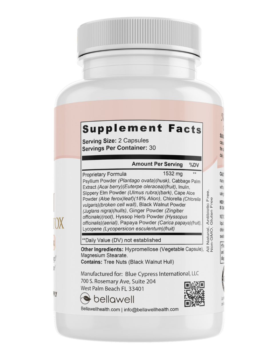 Bellawell Health Total Colon Cleanse & Detox capsules, natural supplement for digestive health and detoxification.