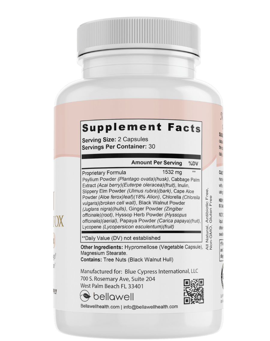 Bellawell Health Total Colon Cleanse & Detox capsules, natural supplement for digestive health and detoxification.