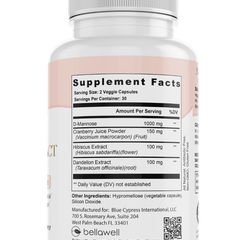 Bellawell Health urinary tract support capsules, dietary supplement for urinary health, in a bottle with capsules visible inside.