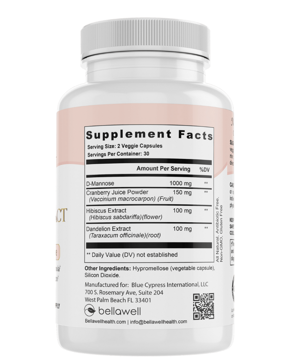 Bellawell Health urinary tract support capsules, dietary supplement for urinary health, in a bottle with capsules visible inside.