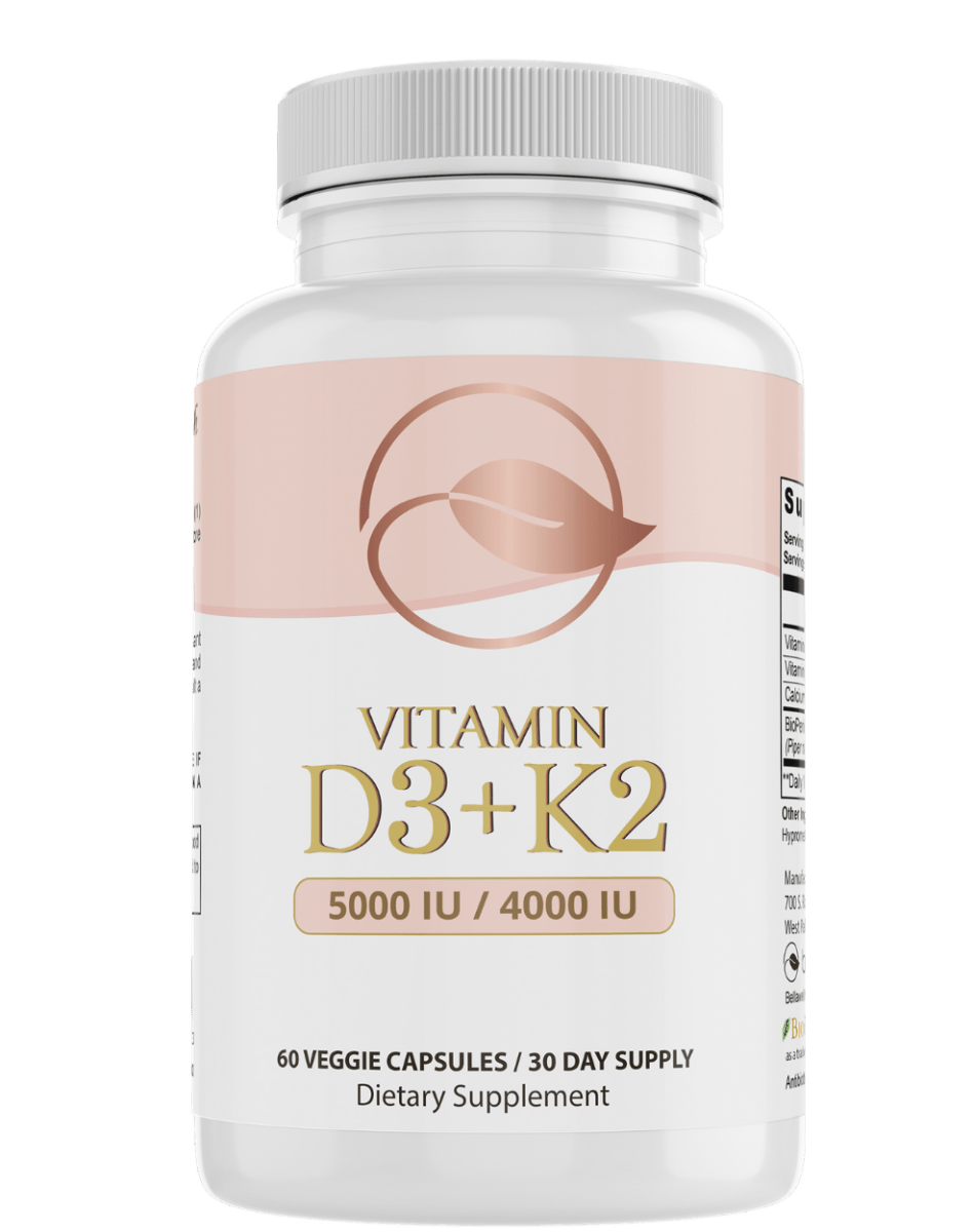 Bellawell Health Vitamin D3 & K2 capsules, supplement for immune support and bone health, with bright packaging and capsules inside.