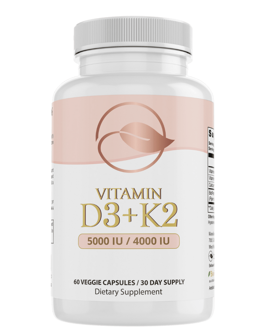 Bellawell Health Vitamin D3 & K2 capsules, supplement for immune support and bone health, with bright packaging and capsules inside.