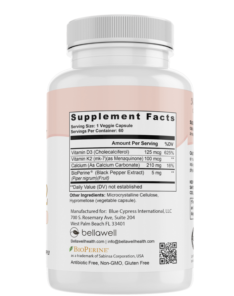 Bellawell Health Vitamin D3 & K2 capsules, supplement bottles with capsules inside, Sunshine Boost by Bellawell for bone health.