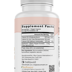 Bellawell Health Vitamin D3 & K2 capsules, supplement bottles with capsules inside, Sunshine Boost by Bellawell for bone health.