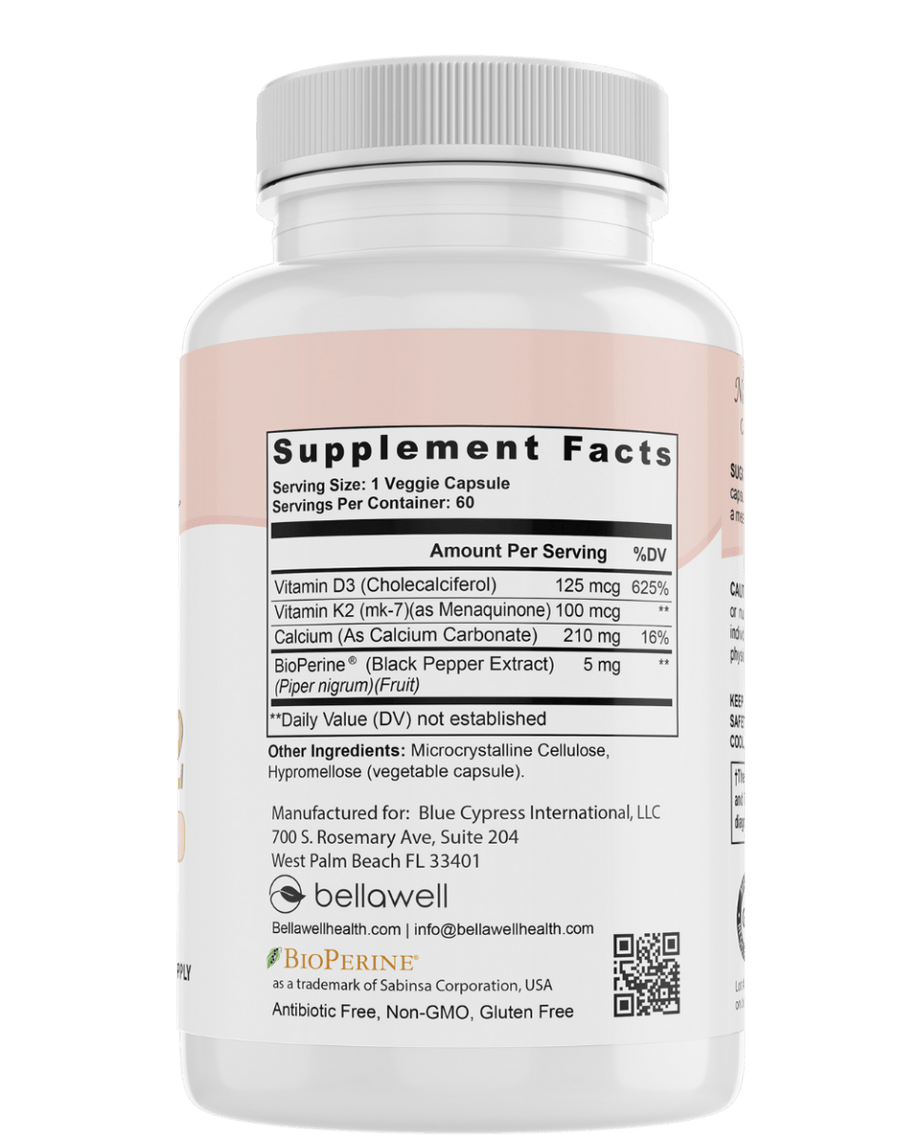 Bellawell Health Vitamin D3 & K2 capsules, supplement bottles with capsules inside, Sunshine Boost by Bellawell for bone health.