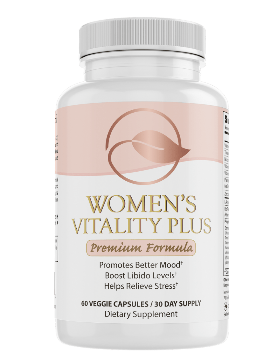 Women's Vitality Plus capsules by Bellawell Health in a white bottle, featuring colorful supplement capsules on the label.