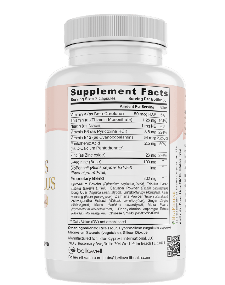 Women's Vitality Plus capsules by Bellawell Health, featuring dietary supplement capsules for energy and overall wellness.