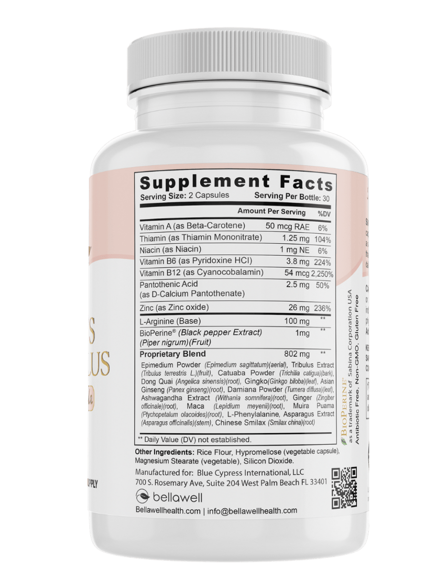 Women's Vitality Plus capsules by Bellawell Health, featuring dietary supplement capsules for energy and overall wellness.