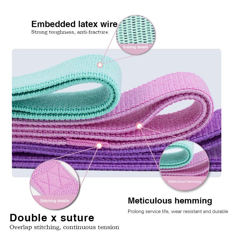 Bellawell Health long resistance elastic bands in purple, pink, and green for strength training and exercise.