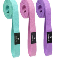 Bellawell Health long resistance elastic bands in purple, pink, and green, available in three strength levels for exercise and strength training.