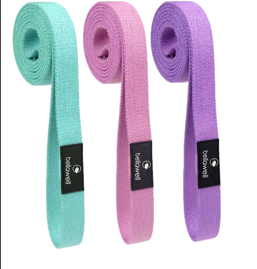 Bellawell Health long resistance elastic bands in purple, pink, and green, available in three strength levels for exercise and strength training.