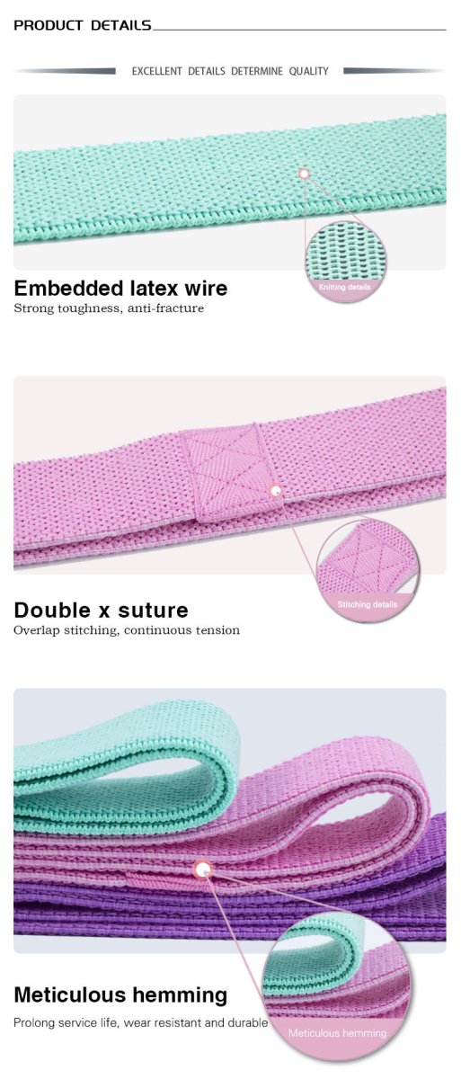 Bellawell Health long resistance exercise elastic bands in purple, pink, and green for strength training.