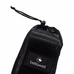 Bellawell Health long resistance elastic bands in purple, pink, and green for strength training and exercise workouts.