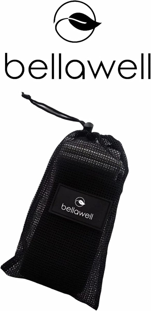 Bellawell Health long resistance elastic bands in purple, pink, and green for strength training and exercise workouts.