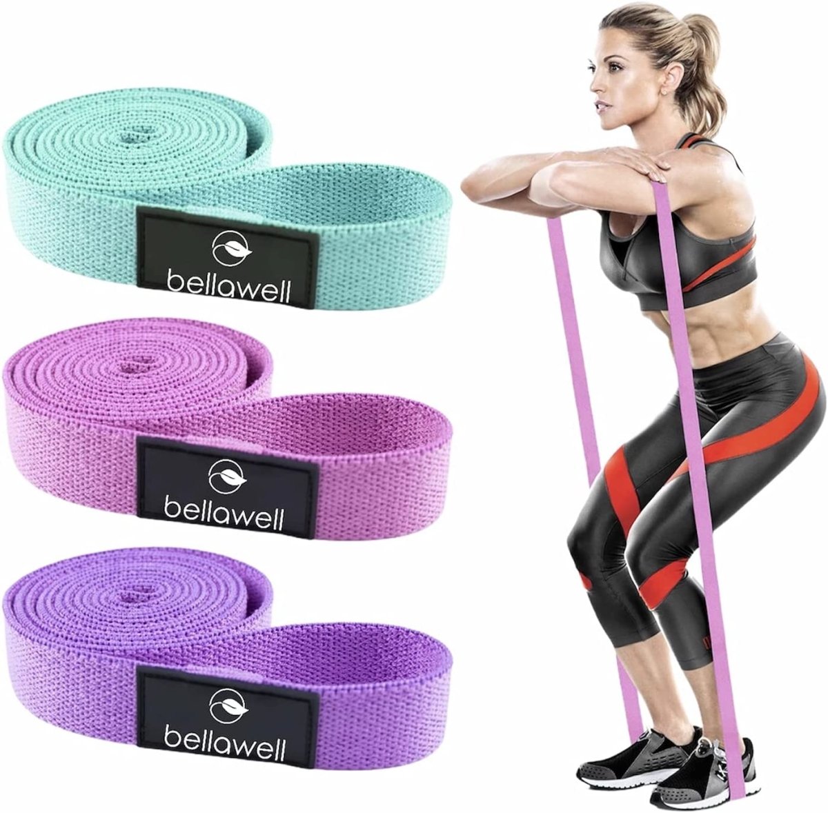 Bellawell Health long resistance elastic bands in purple, pink, and green for strength training exercises.
