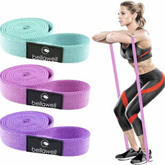Bellawell Health long resistance elastic bands in purple, pink, and green for strength training exercises.