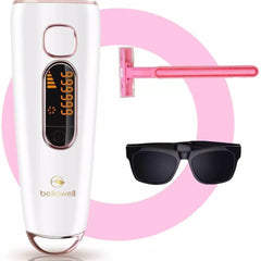 Bellawell Health IPL hair removal device used for painless, at-home hair removal with sleek design and multiple light intensity settings.
