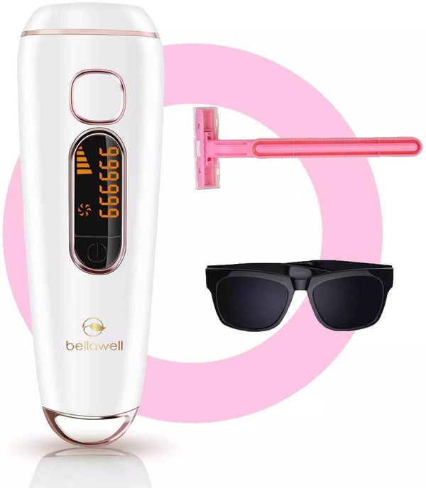 Bellawell Health IPL hair removal device used for painless, at-home hair removal with sleek design and multiple light intensity settings.
