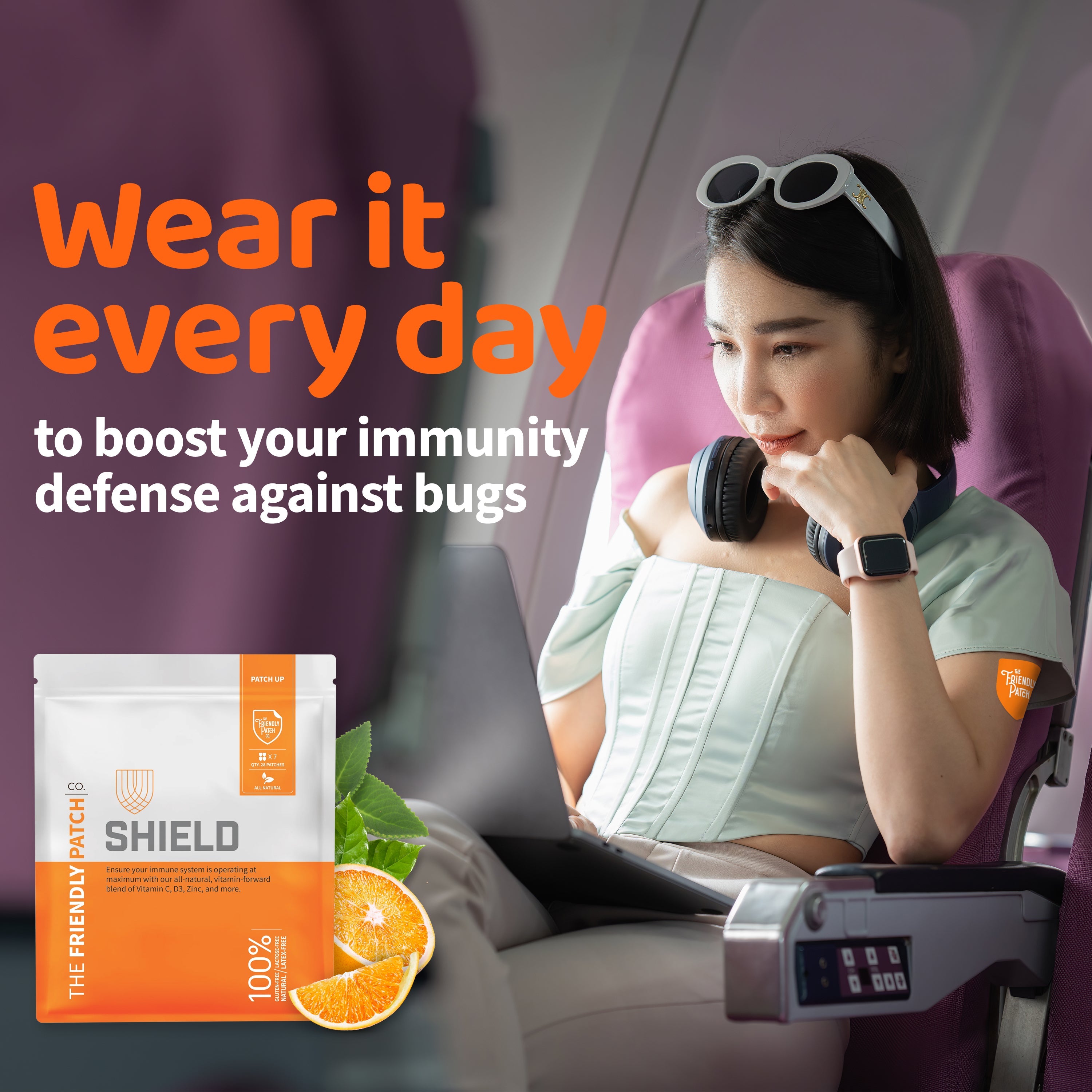 Close-up of Shield Wellness Patches packaging highlighting benefits of vitamin C and zinc for immunity and wellness.