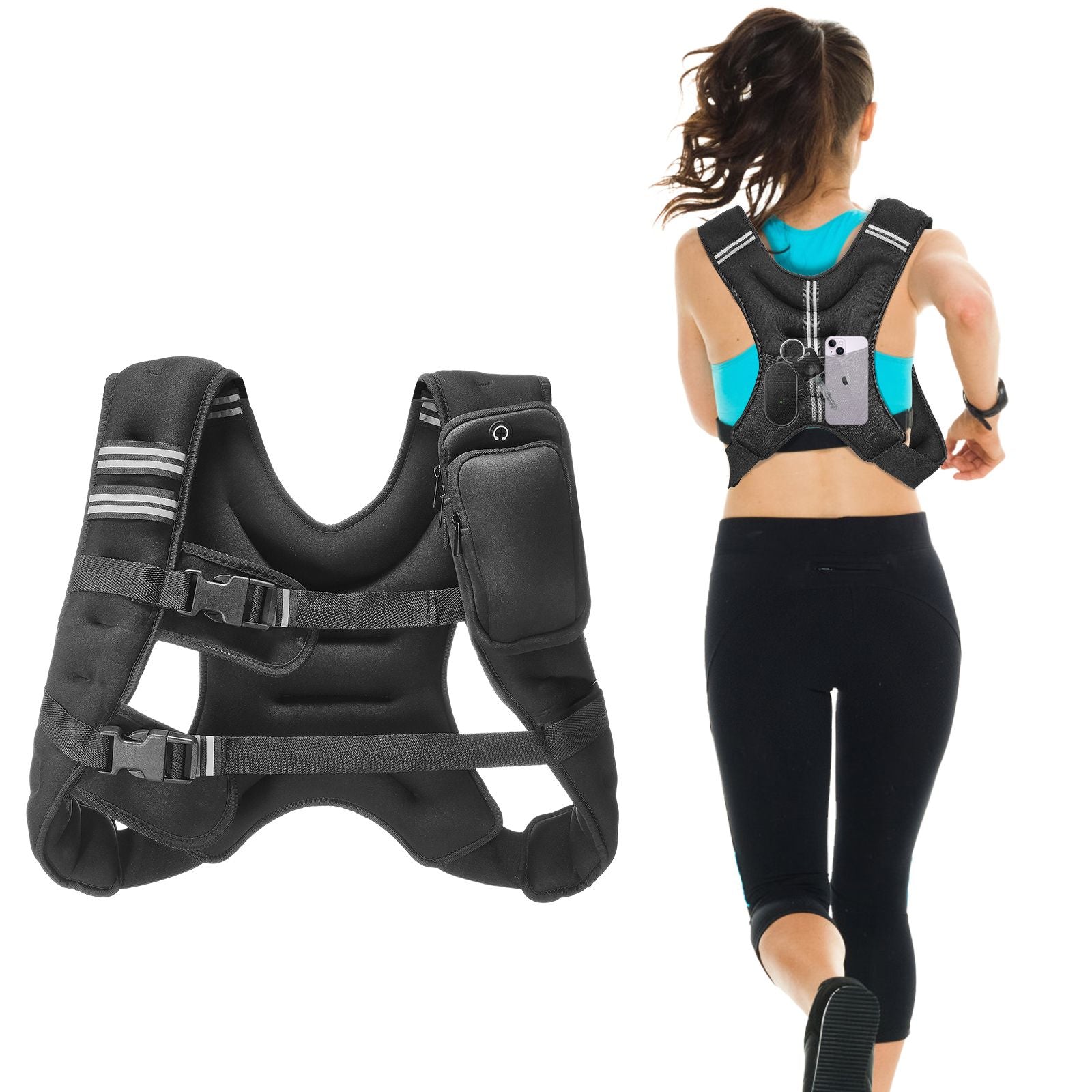 Berry Charmz 12 lbs weighted vest with reflective stripe, adjustable buckle, for men and women during strength training and running.