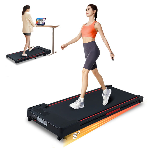 Berry Charmz black and grey walking pad treadmill with 8° incline, remote control, LED display, portable design, 220 lb capacity.