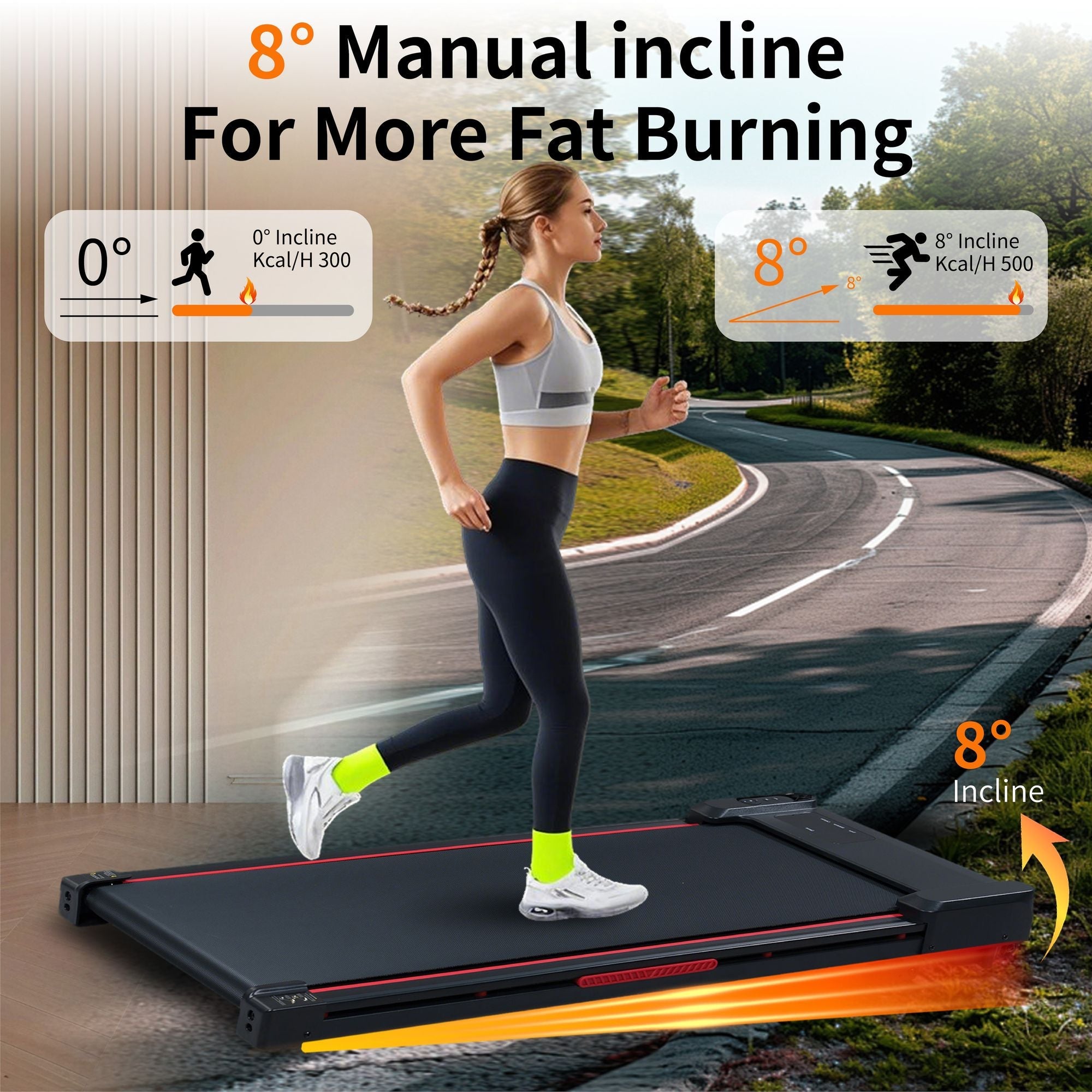 Berry Charmz black and grey walking pad treadmill with 8° incline, remote control, LED display, portable design, 220 lb capacity.