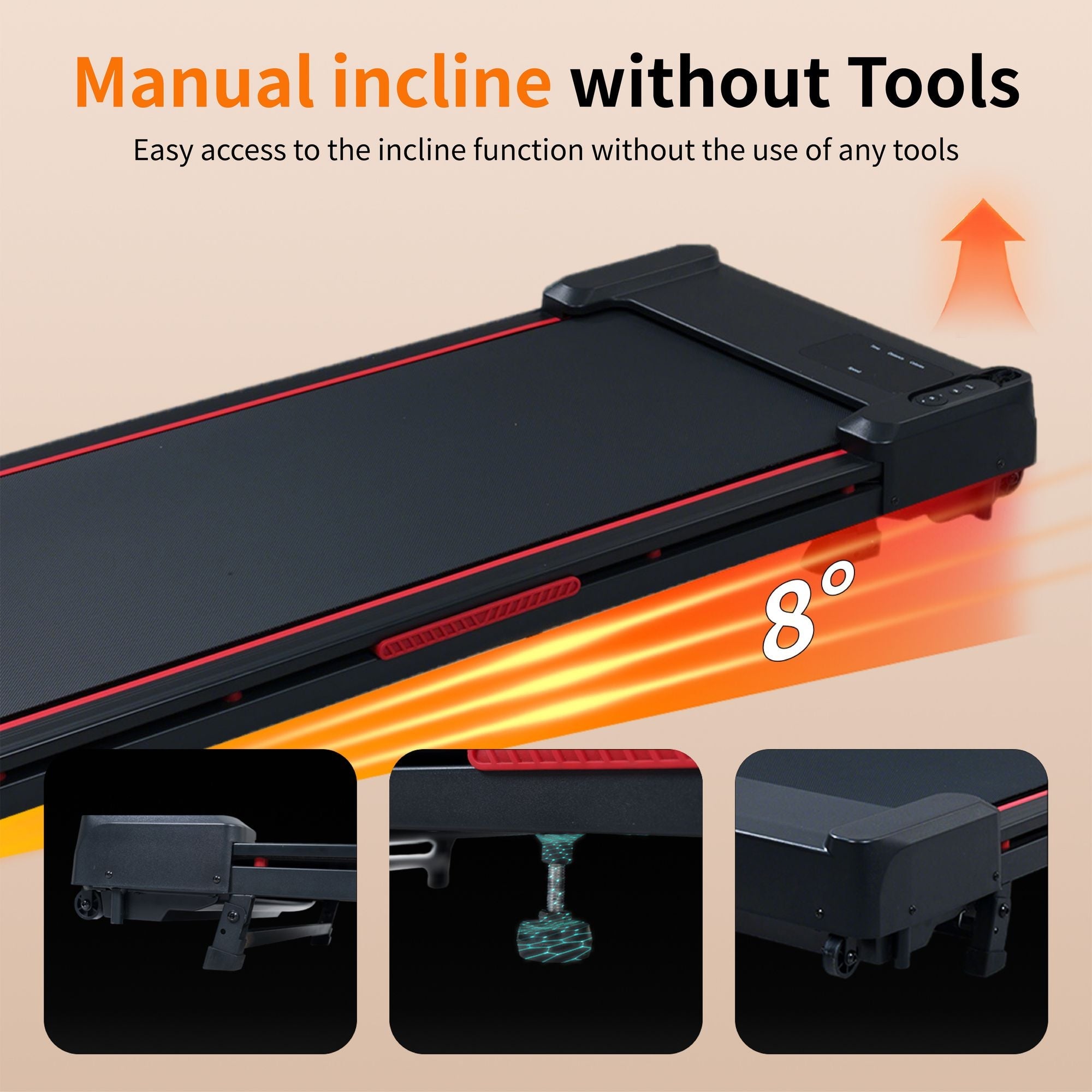 Berry Charmz black and grey walking pad treadmill with 8° incline, remote, LED display, portable compact design for home or office.