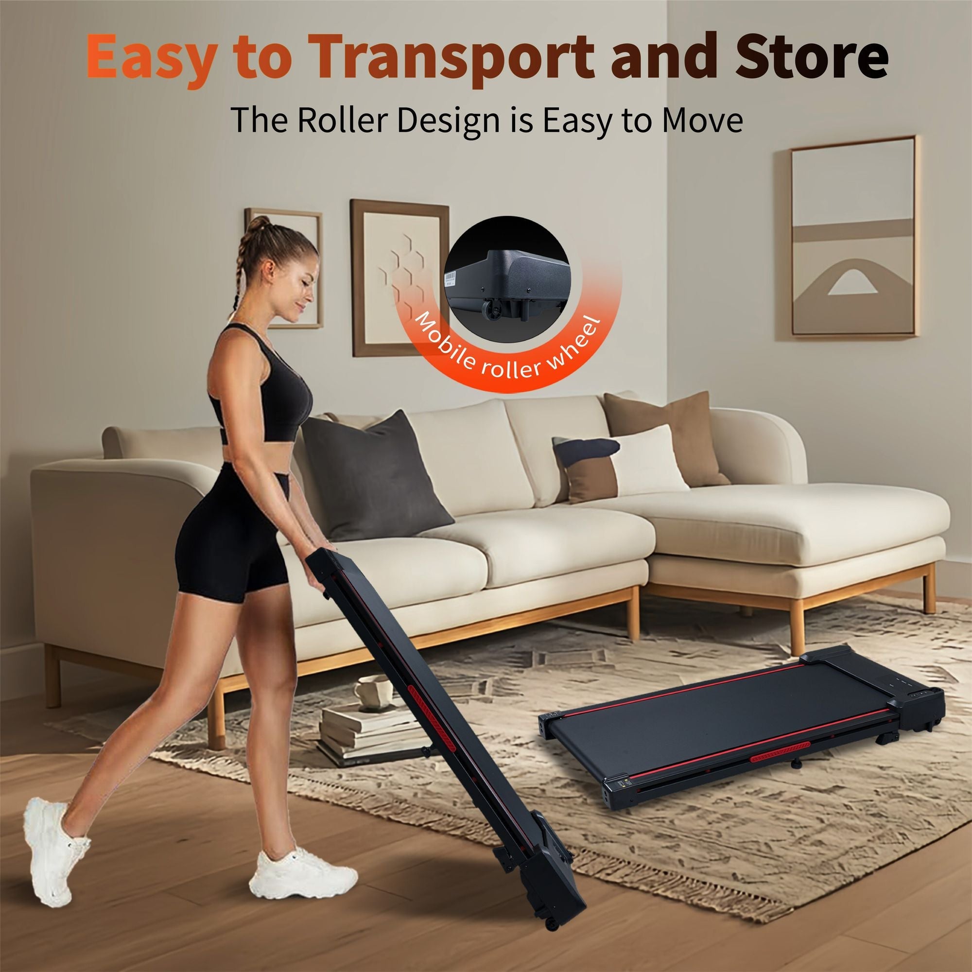Berry Charmz black and grey walking pad treadmill with 8° incline, remote control, LED display, portable design, 220 lb capacity.