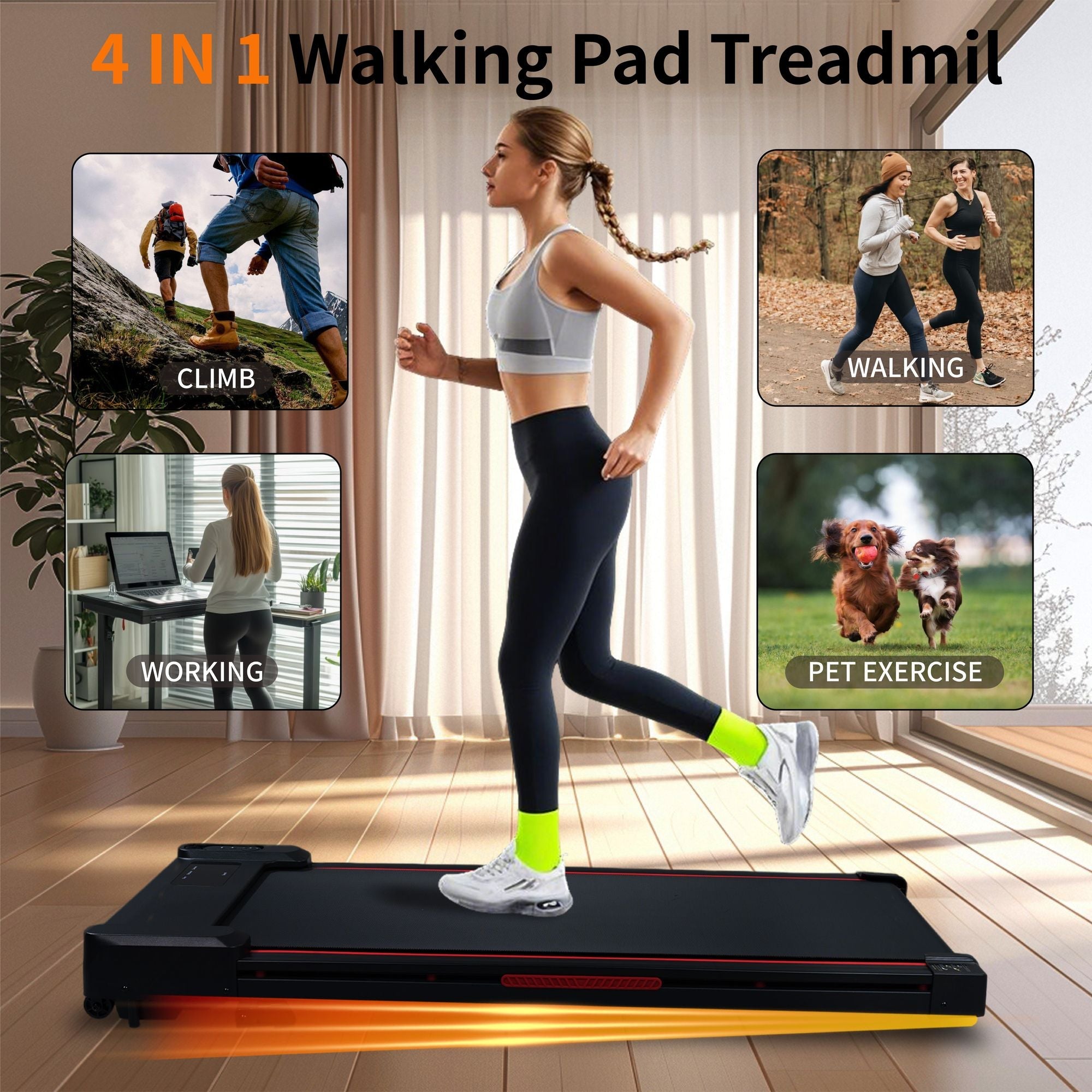 Berry Charmz black and grey walking pad treadmill with 8° incline, remote control, LED display, portable design, and 220 lb capacity.