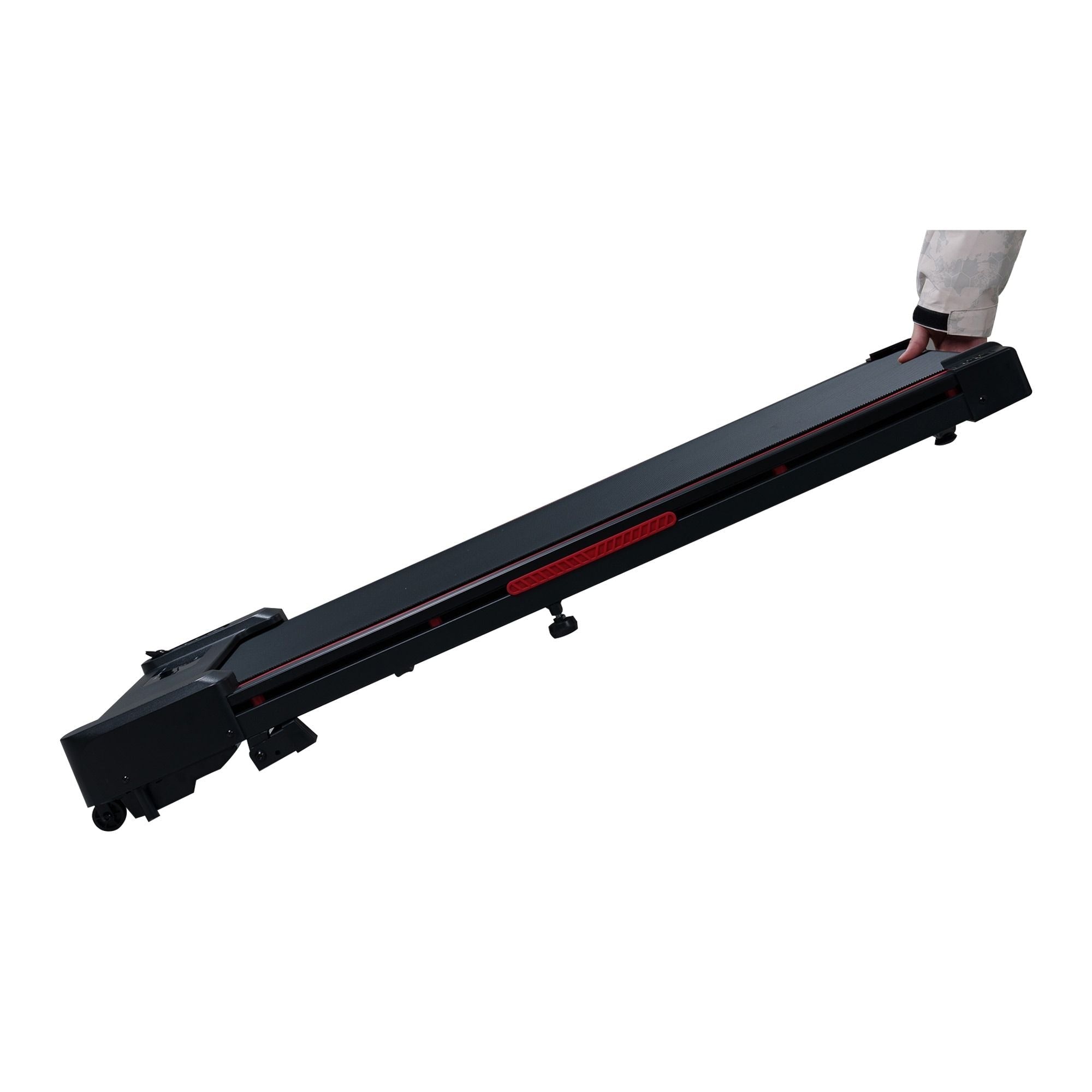 Berry Charmz black and grey walking pad treadmill with 8° incline, remote control, LED display, compact design, 220 lb capacity.