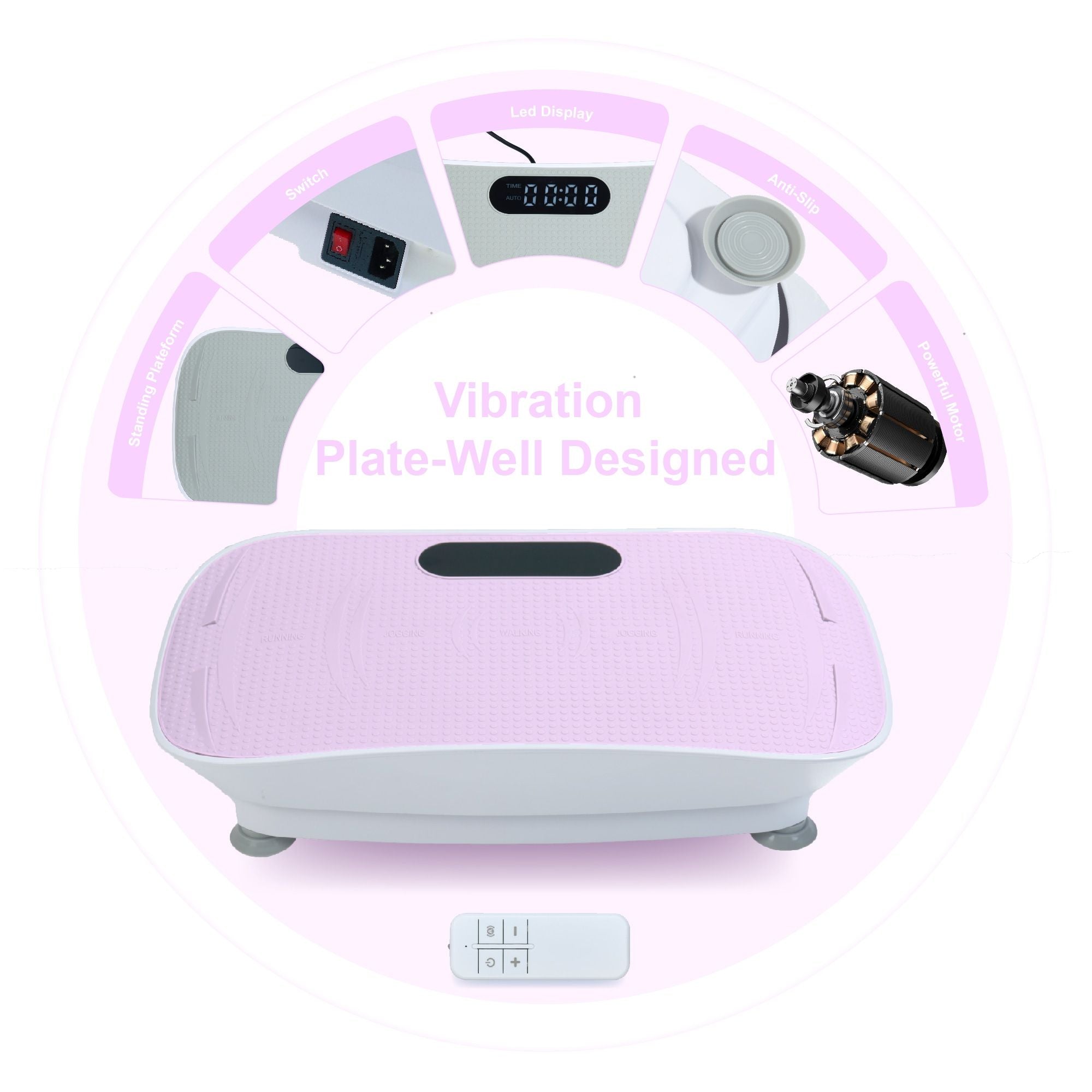 Pink Silent Vibration Platform by Berry Charmz for fitness, massage, weight loss, fat burning, with 10 vibration frequencies for full-body toning.