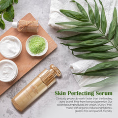 Best Clean Beauty Derm Skin Perfecting Serum for rosacea and adult acne, 1 fl oz, in a clear bottle with a pump dispenser.