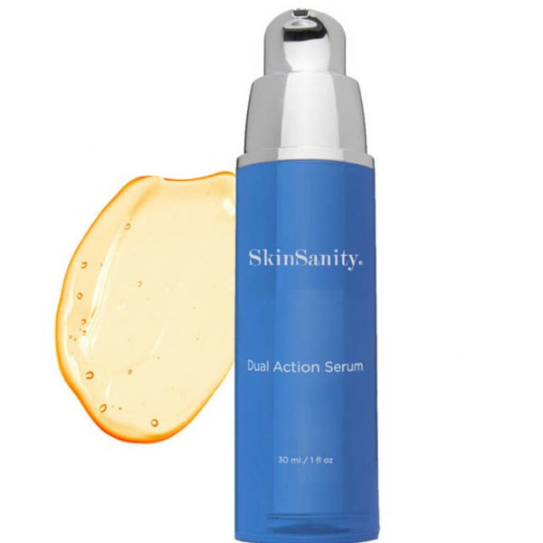 SkinSanity® Dual Action Acne Treatment Serum by Best Clean Beauty, natural formula in a 1 fl oz bottle, showing the serum's packaging.