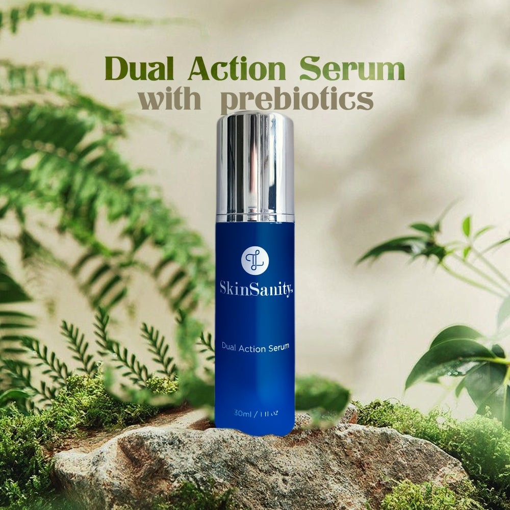 SkinSanity® Dual Action Acne Serum by Best Clean Beauty, natural acne treatment serum in a 1 fl oz bottle with a dropper applicator.